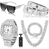 Equsion 5 Pcs Silver Bling Diamond Watch Cuban Link Chain Bracelet Rhinestone Crystal Belts Punk Sunglasses, Full Diamond Hip Hop Jewelry Set for Men and Women Valentine's Day Gifts