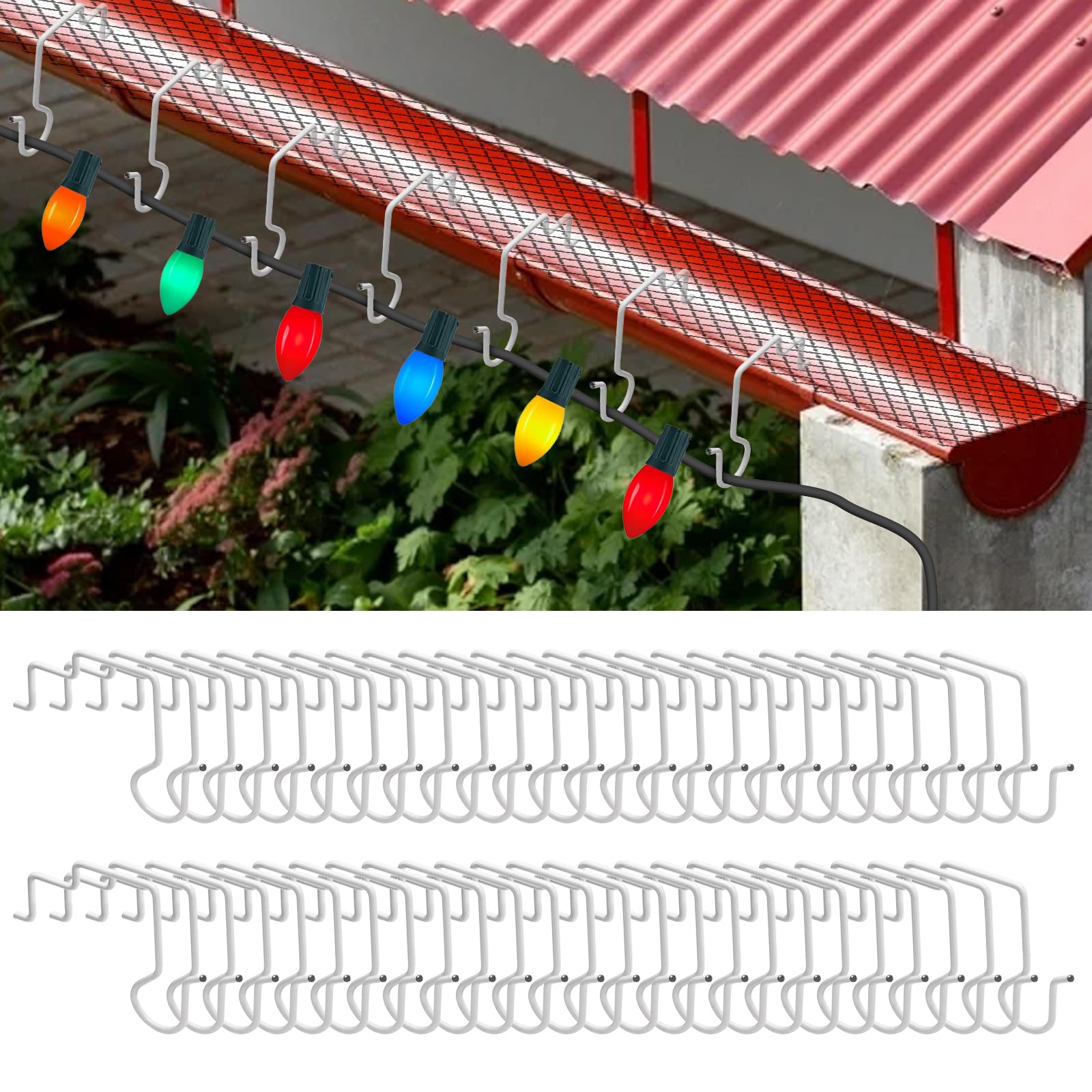 Photo 1 of 50 Pcs Gutter Guards Christmas Light Hooks, Rust-Proof Light Clips for Outside String Lights for Gutters with Mesh Leaf, Stainless Steel Gutter Light Hanging for Christmas Lights on Gutters