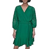 DKNY Womens Long Balloon Sleeve Surplice Neck Mini Eyelet Embroidery Belted Dress