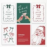 6pcs Christmas Canvas Wall Art, Happy Santa Claus Poster, Trendy Green and Red Bows Picture, Eat Drink Be Merry Cheers Bar Cart Print, Warm New Year Quotes Painting for Wall 8x12in Unframed