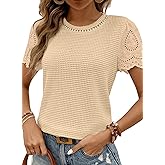 SHEWIN Womens Frenchy Summer Tops Crewneck Short Sleeve T Shirts Casual Waffle Knit Jacquard Blouses Top Shirts