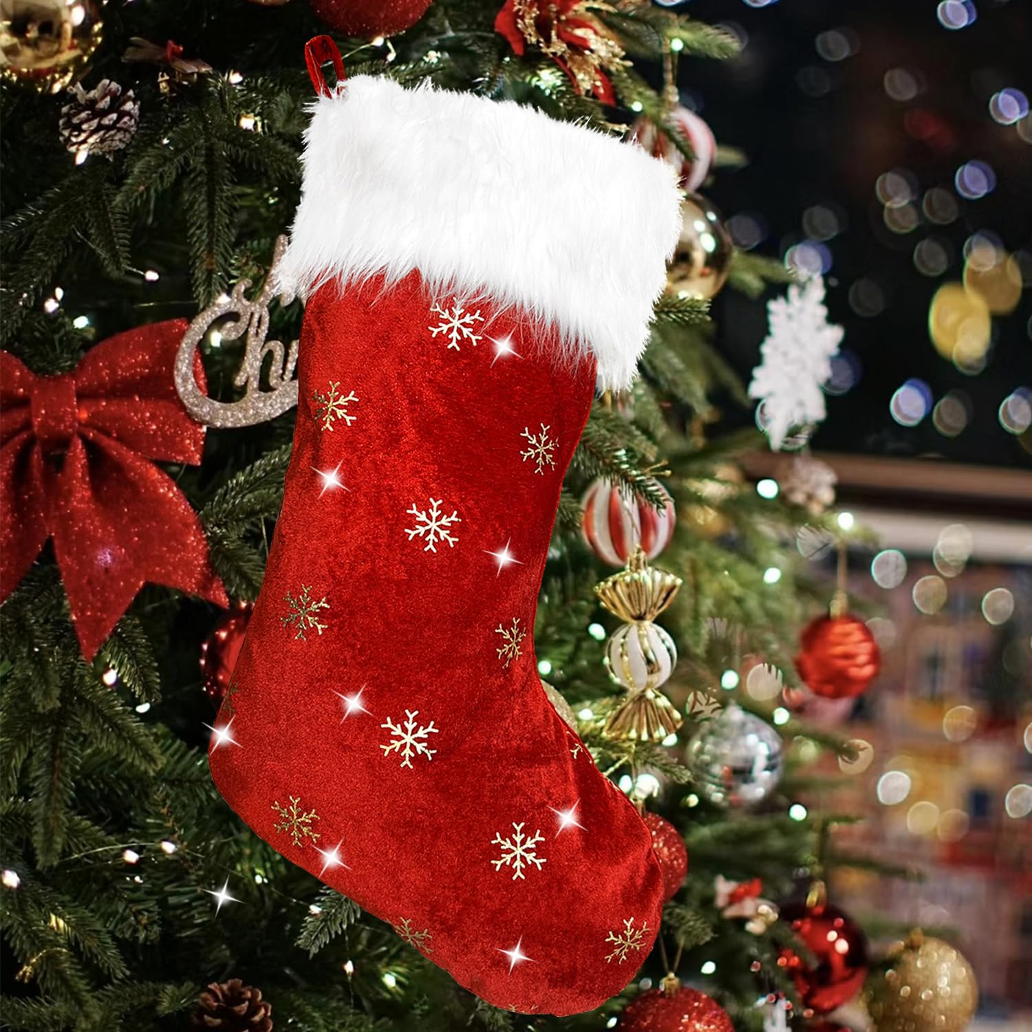 Mauts 23" Velvet Red Gold Christmas stocking, Christmas decorations stocking With Silver Pearl Snowflakes, Used For Gift Box Mantel Decoration Party Christmas (Red Gold)