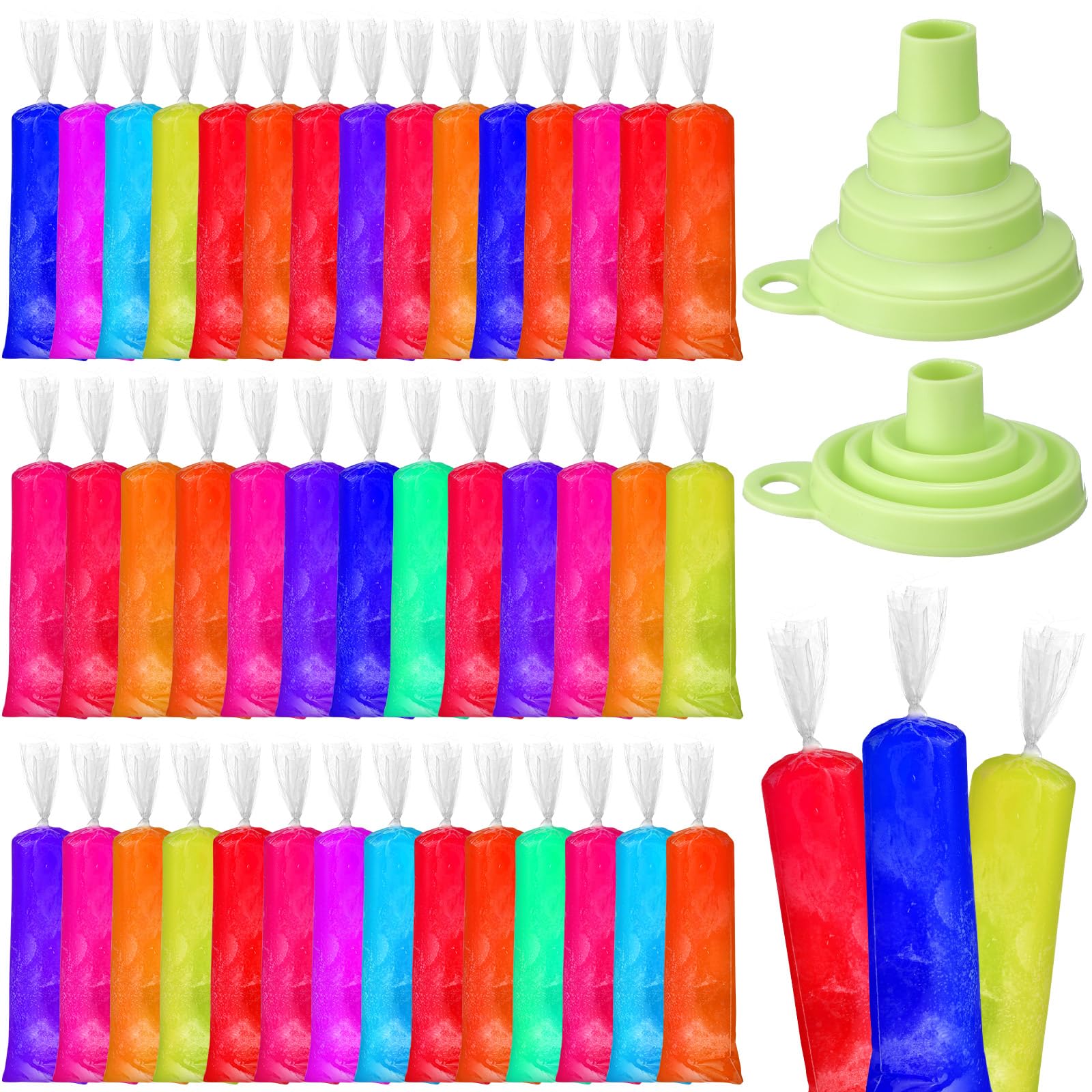 Photo 1 of Hoolerry 600 Pcs Disposable Ice Lolly Bags Plastic Mold Ice Cream Bags with Silicone Foldable Funnel for Making Candy Yogurt Freeze Lolly(2.8 x 11.8 Inch)