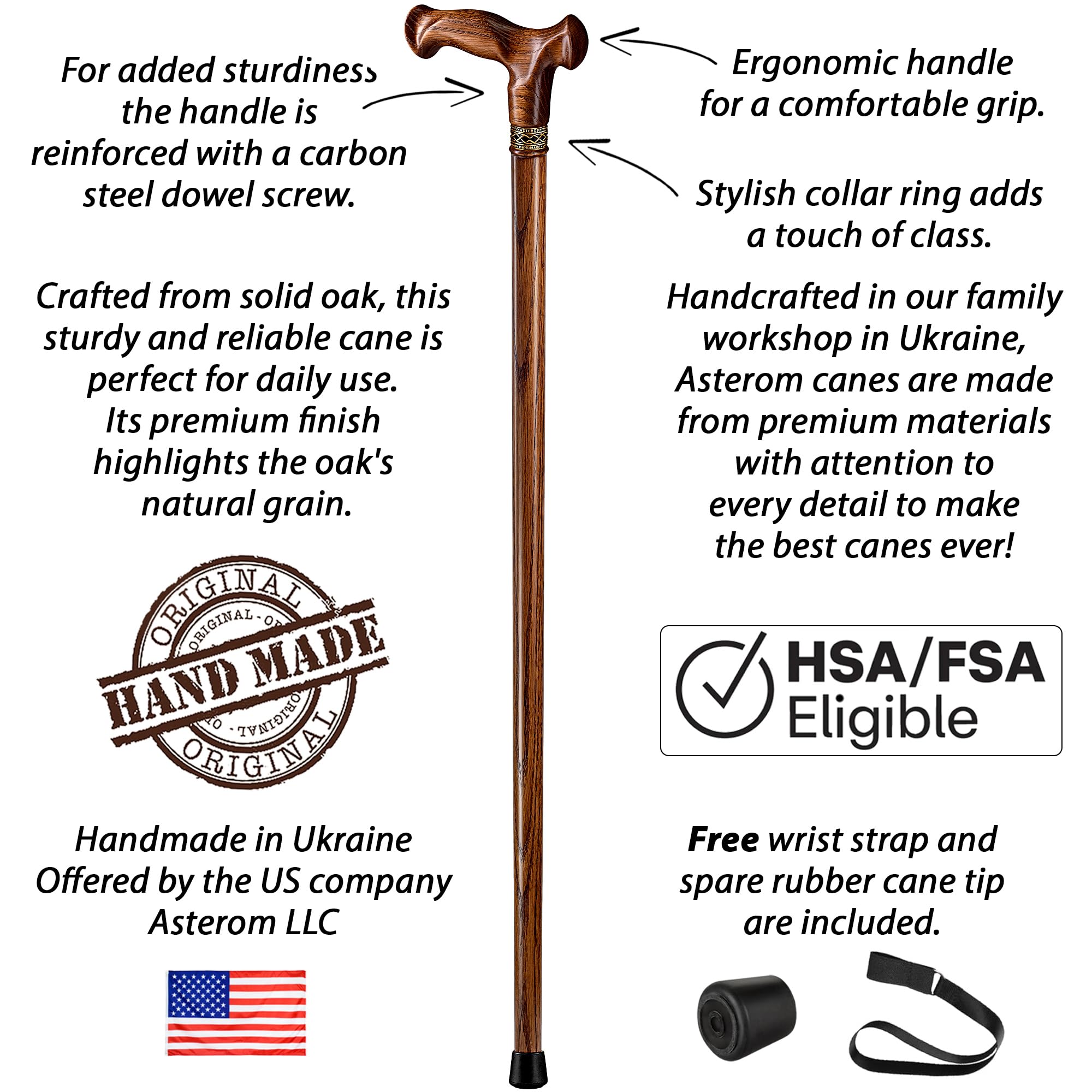 Asterom Walking Cane for Men & Women - Handmade, Ergonomic, Wooden Canes - Cool Walking Sticks for Seniors