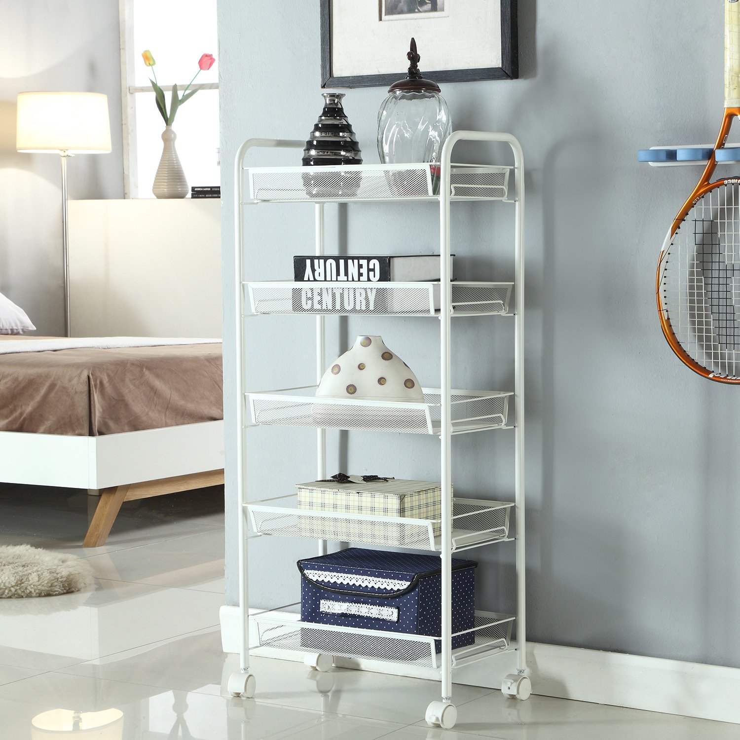 SINGAYE 5–Tier Wire Mesh Utility Storage Cart Metal Rolling Rack Metal Basket Shelving Kitchen Bathroom Organization Trolley