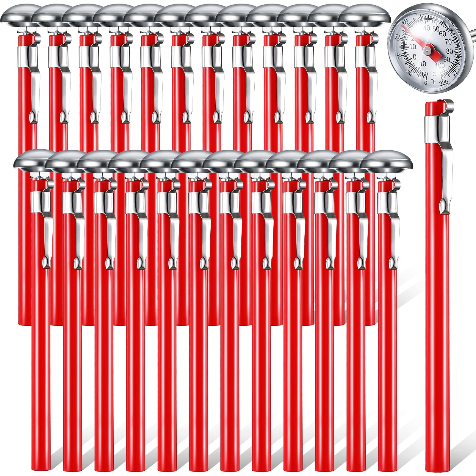 Photo 1 of Xuhal 24 Pcs Stainless Steel Kitchen Thermometer with 5 Inch Long Stem 1 Inch Dial Thermometer Milk Frothing Food for Oven Probe Meat Grill BBQ Cooking Chocolate Water (Red)