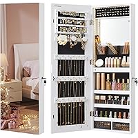 SONGMICS Jewelry Cabinet Armoire with Built-in Lighted Mirror, Wall or Door Mount Storage Organizer, White UJJC013W01