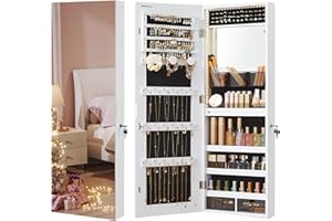 SONGMICS Mirror Jewelry Cabinet Armoire Organizer, Wall or Door Mount Storage Cabinet with Full-Length Frameless Lighted Mirror, Built-in Makeup Mirror, 2 Drawers, Lockable, Christmas Gift, White