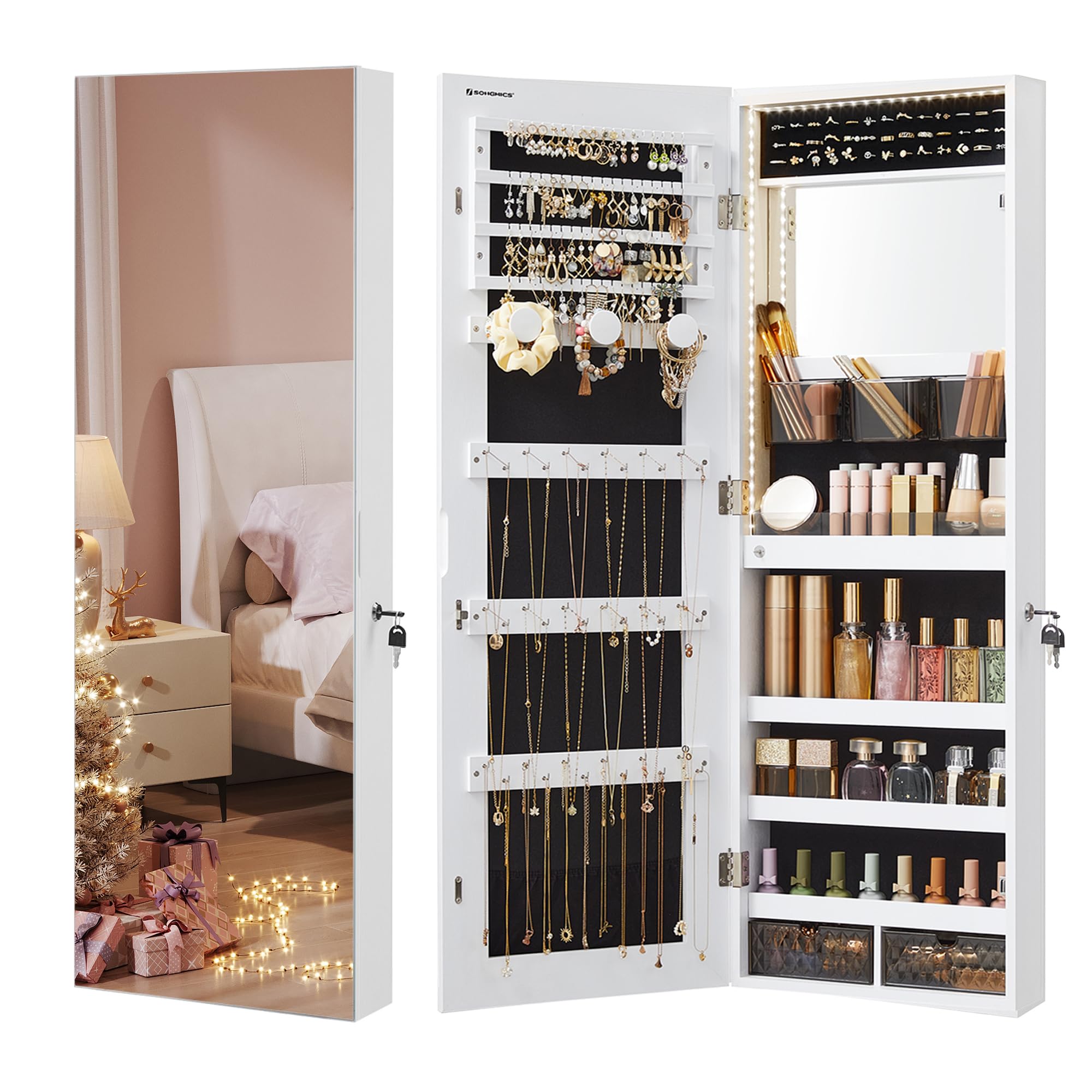 SONGMICS Mirror Jewelry Cabinet Armoire Organizer, Wall or Door Mount Storage Cabinet with Full-Length Frameless Lighted Mirror, Built-in Makeup Mirror, 2 Drawers, Lockable, Christmas Gift, White Image