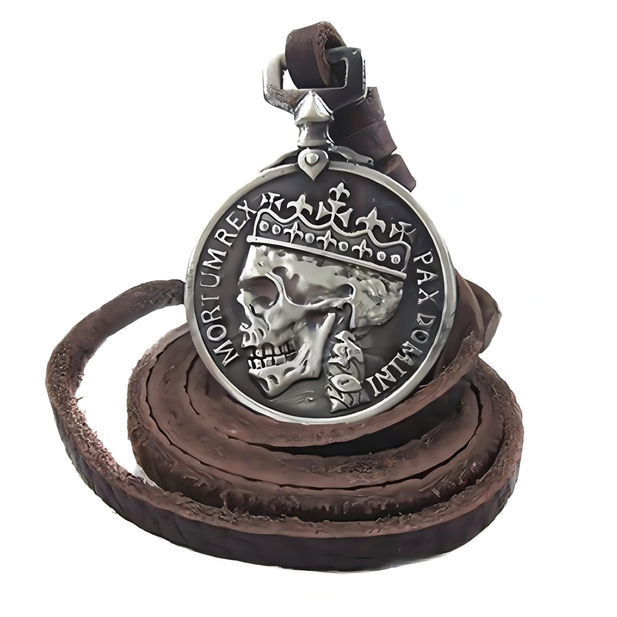 ODETOJOY Classic Skeleton Pendant Brown Genuine Leather Steampunk Pendant Necklace Jewelry for Men, Metal, No Gemstone