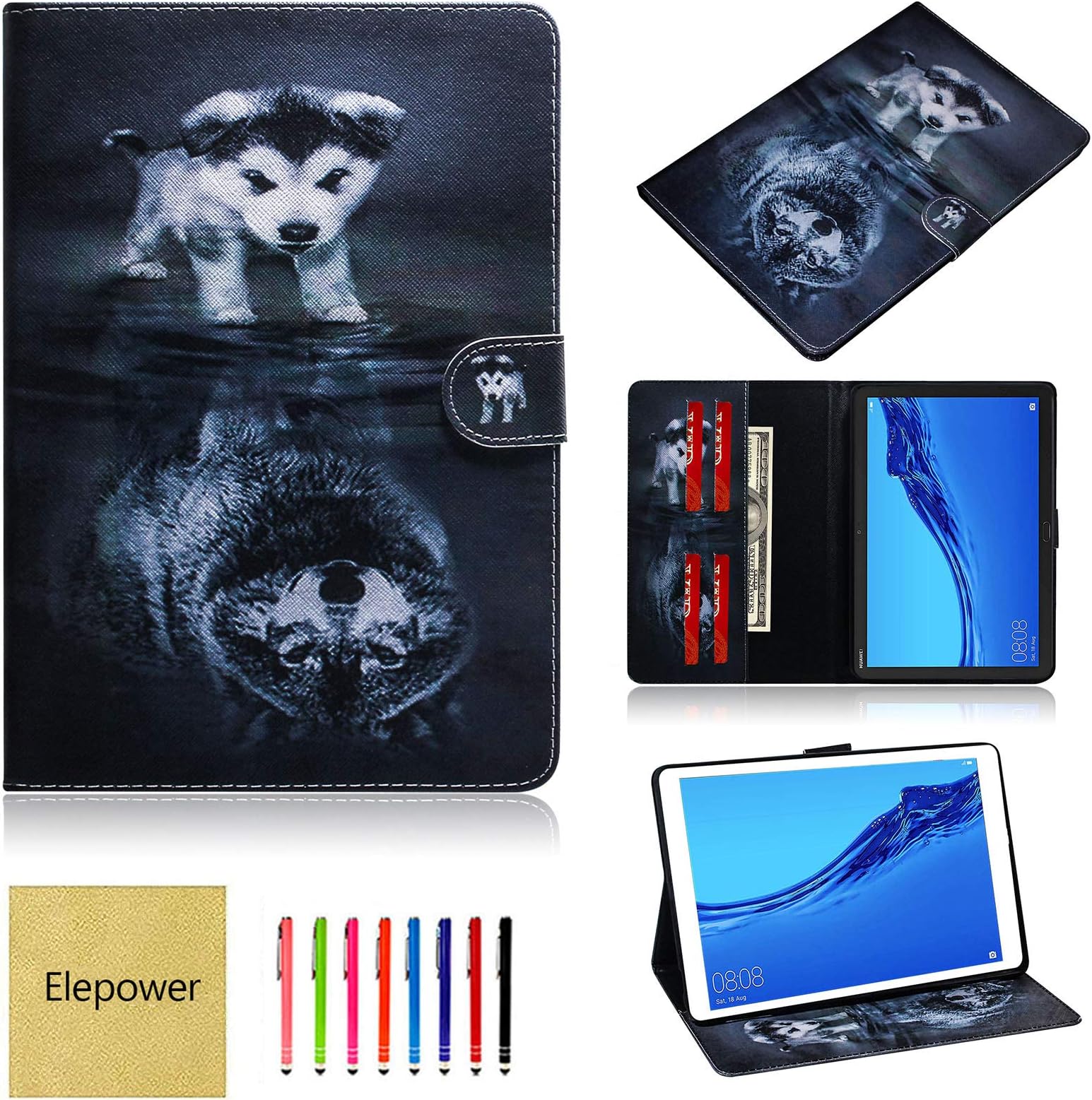 Elepower Folio Case Fit Huawei MediaPad M5 Lite 10 2018, Colorful Pattern Premium Leather [Card/Cash Slots] Wallet Magnetic Protective Cover for 10.1 Inch Huawei M5 Lite 10, Wolf and Dog