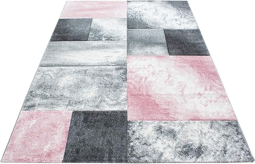 Simpex Simex Tapis Moderne Design à Poils Courts Chinés Pour Salon Motif à Carreaux Aspect Marbre Noir Gris Rose Rose Bonbon 80 X 300 Cm