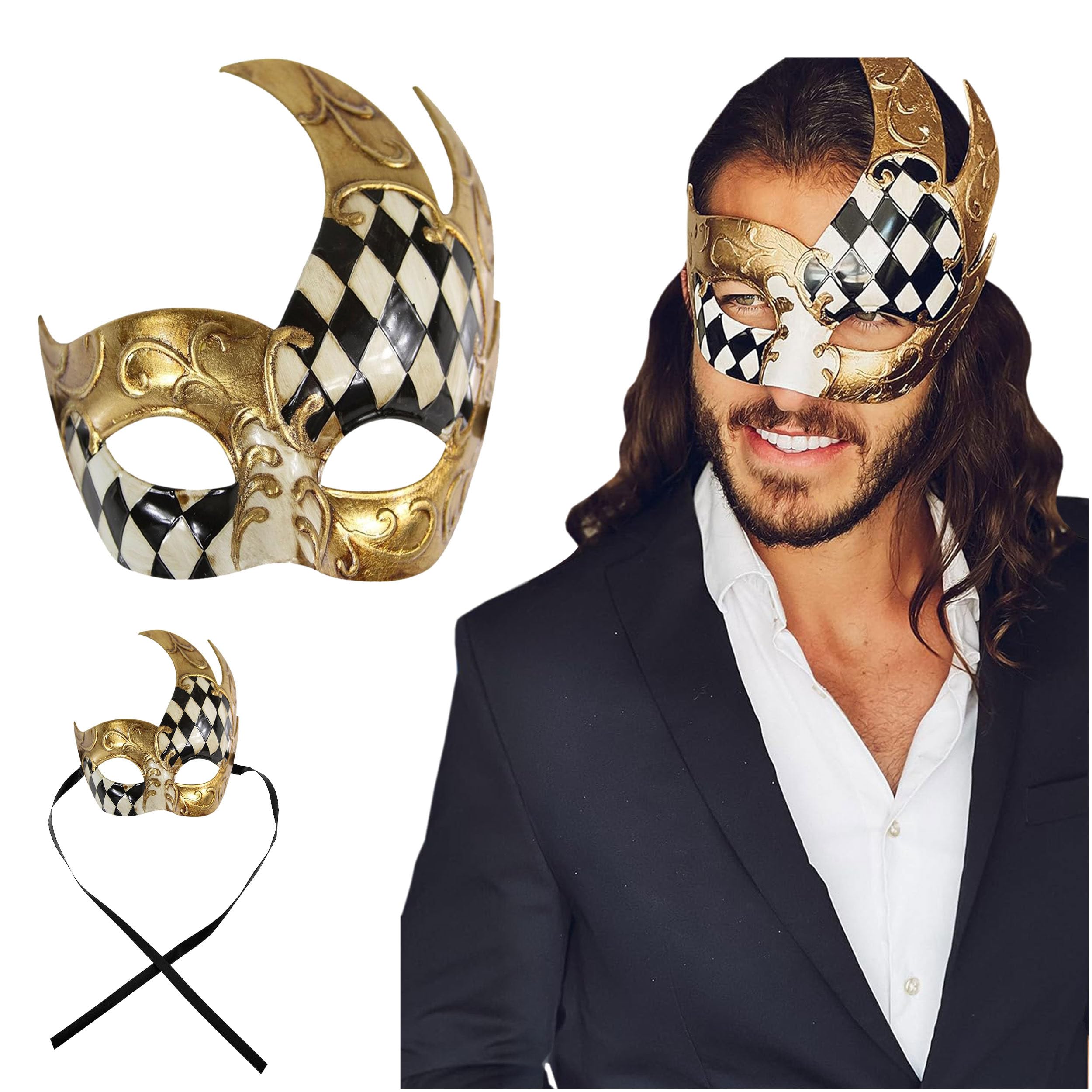 Luxury Mask Men's Vintage Design Venetain Prom Mardi Gras Musical Checkered Masquerade One Size Black/Gold Checkered