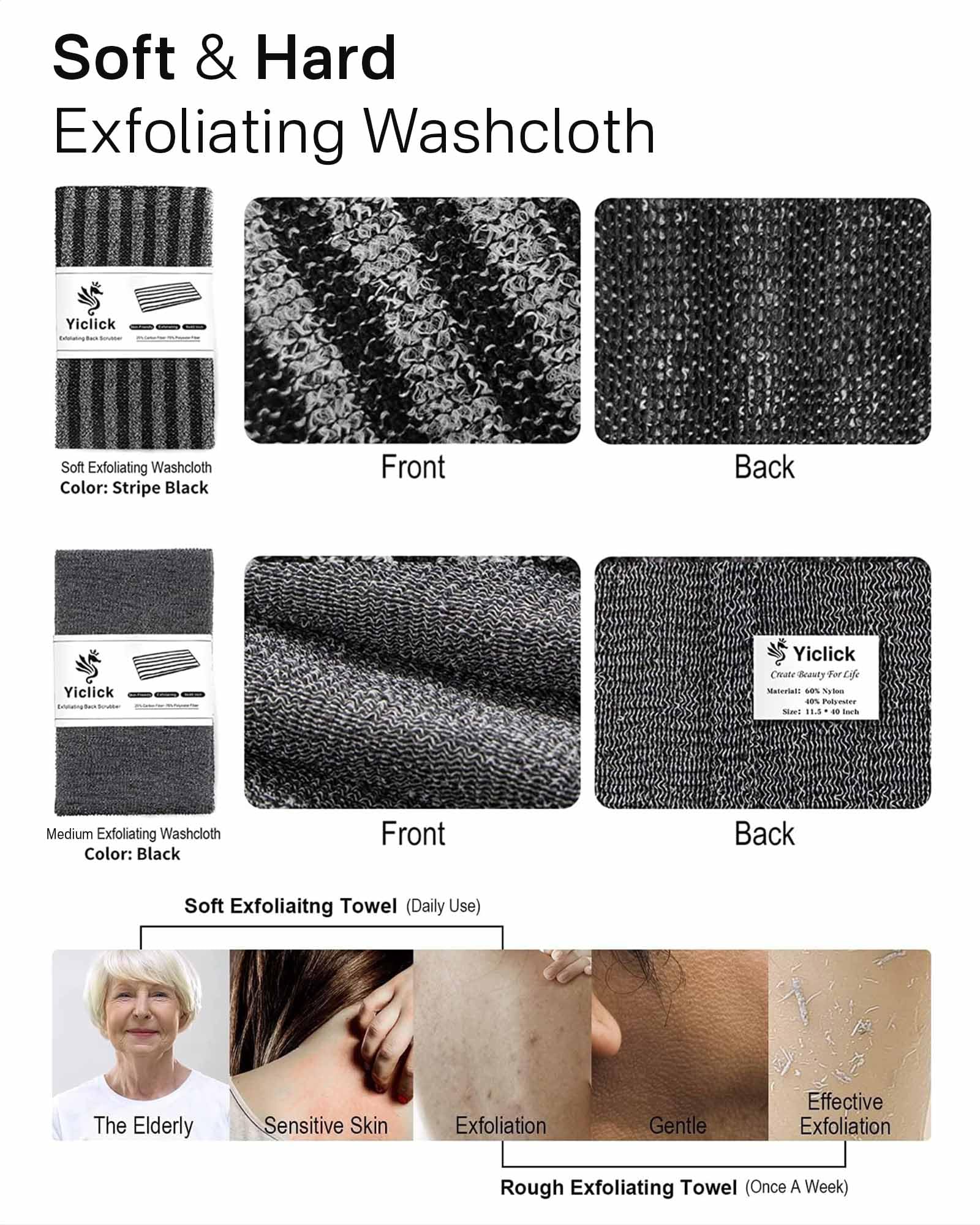 Yiclick 2 Pack Exfoliating Washcloth Towel - Body Scrubber Exfoliator, Loofah Sponge, Korean & Japanse & African Net Sponge Rag - Back Scrubber Washer for Use in Shower Bath