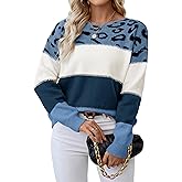 Libsorge Womens Oversized Cute Color Block Leopard Sweater Fall 2025 Trendy Ladies Dressy Causal Knit Boat Neck Pullover Top