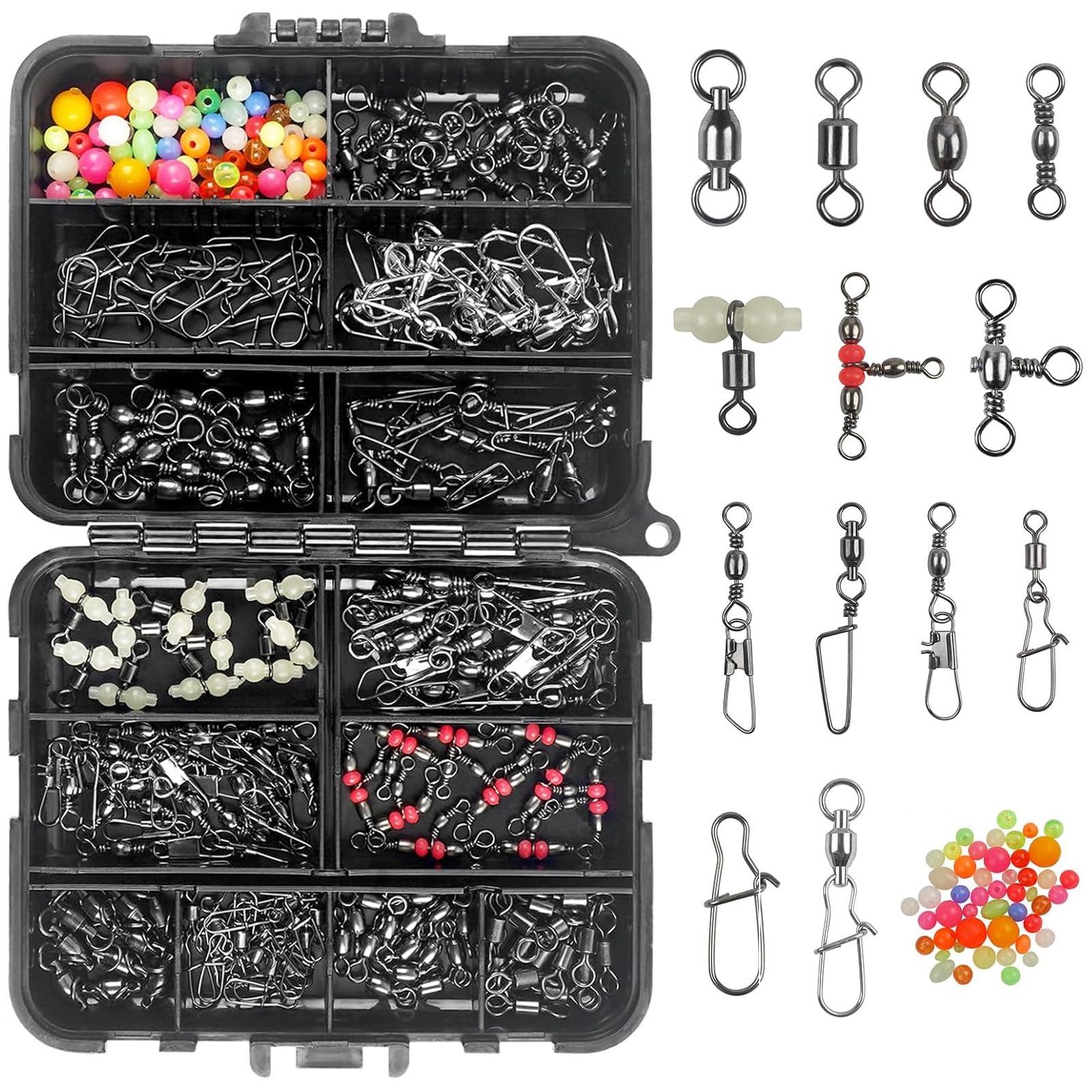170pcs Fishing Swivel Snaps Kit, Include Ball Bearing Swivel, Crossline Three Way Swivel, Duo Lock Snap Connector Clips Beads Fishing Accessories Tackle for Saltwater Freshwater