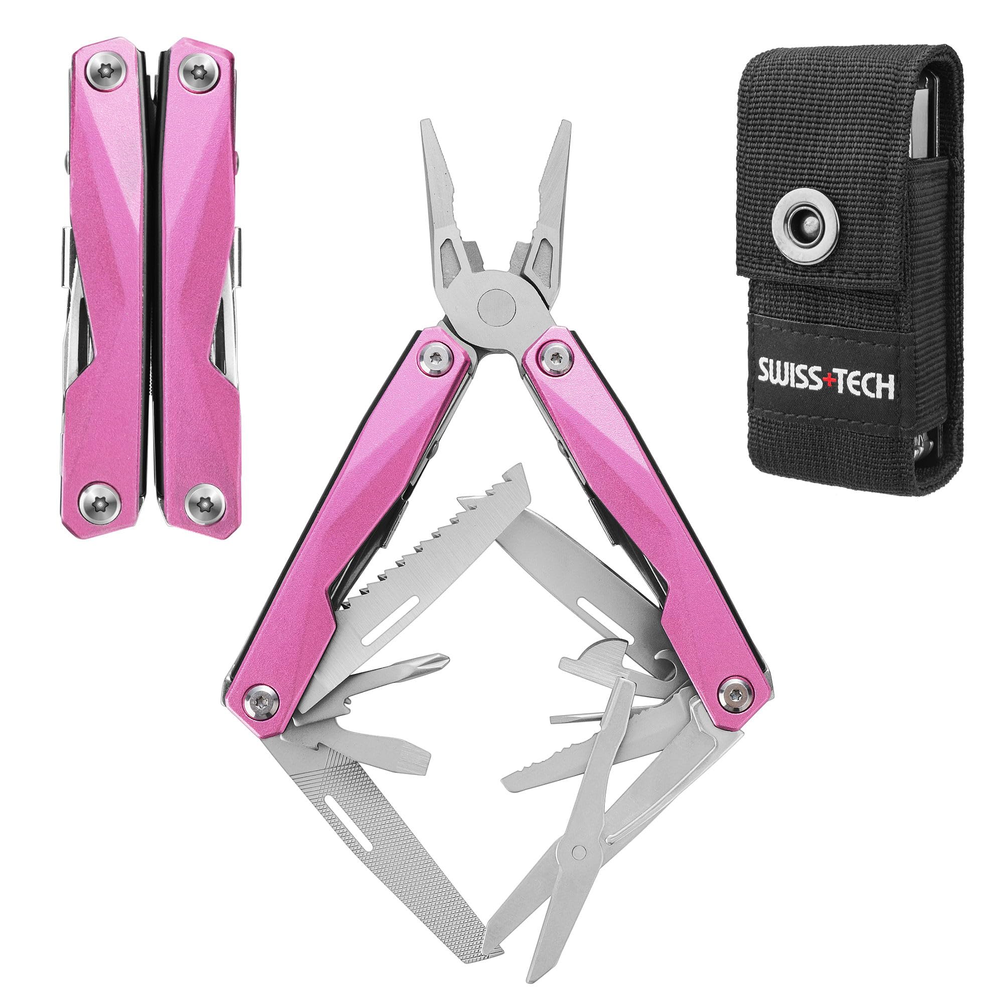 Swiss+Tech Multi-Tool Pliers 16-in-1 with Carry Bag, Stainless Steel Multi-Tool with Wire Cutter, Bottle Opener, Screwdriverfor Camping Maintenance, Camping Hiking Repairing (Pink)