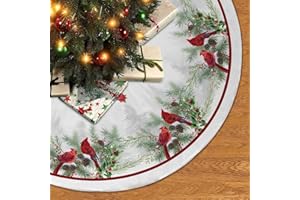 GYHUAD Christmas Tree Skirt 48Inches Winter Cardinal Birds Xmas Tree Skirt, Red Poinsettia Floral Holly Leaves Christmas Tree Mat for Home Party Holiday Indoor Outdoor Decorations (White, 48in)