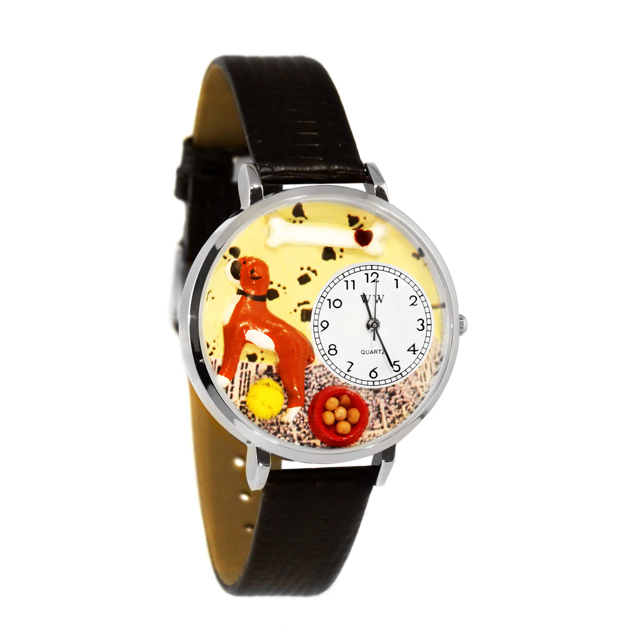 Whimsical Watches Boxer Black Skin Leather and Silvertone Unisex Quartz Watch with White Dial Analogue Display and Multicolour Leather Strap U-0130014