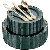 DaYammi 150Pcs Green Plastic Plates with Gold Silverware,Green Disposable Plates for Party include 30 Dinner Plate,30 Dessert Plate,90 Gold Plastic Cutlery,green gold plate for St. Patrick's Day Party