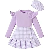Yagudu Toddler Girl Outfits Ruffled Long Sleeve Top Plaid Tweed Skirt and Beret Set Fall Winter Girls Clothes Size 3-8