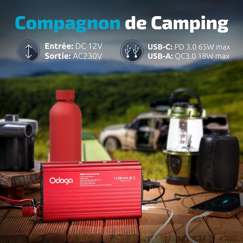 Convertisseur 12V 230V Voiture 500W – Transformateur Port USB-C & USB-A