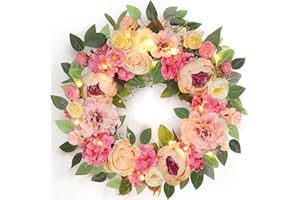 GRANDEAL 22" Peony Wreath, Floral Spring Summer Wreaths for Front Door & Lights Timer Large Pink Handmade Silk Flower Hydrangea Rose for All Season Wedding Mothers Day Wall Window Home Decor Outdoor Indoor