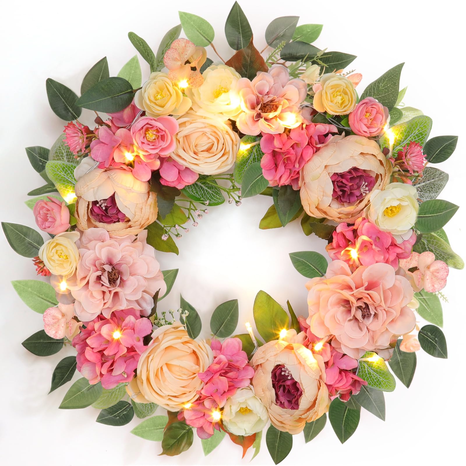Photo 1 of [Lighted & Timer] 22" Spring Summer Wreaths for Front Door Peony Wreath with Lights Pink Silk Flower Hydrangea Rose Green Leaves Floral Wreath for Home Wall Window Wedding Party Indoor Outdoor Decor