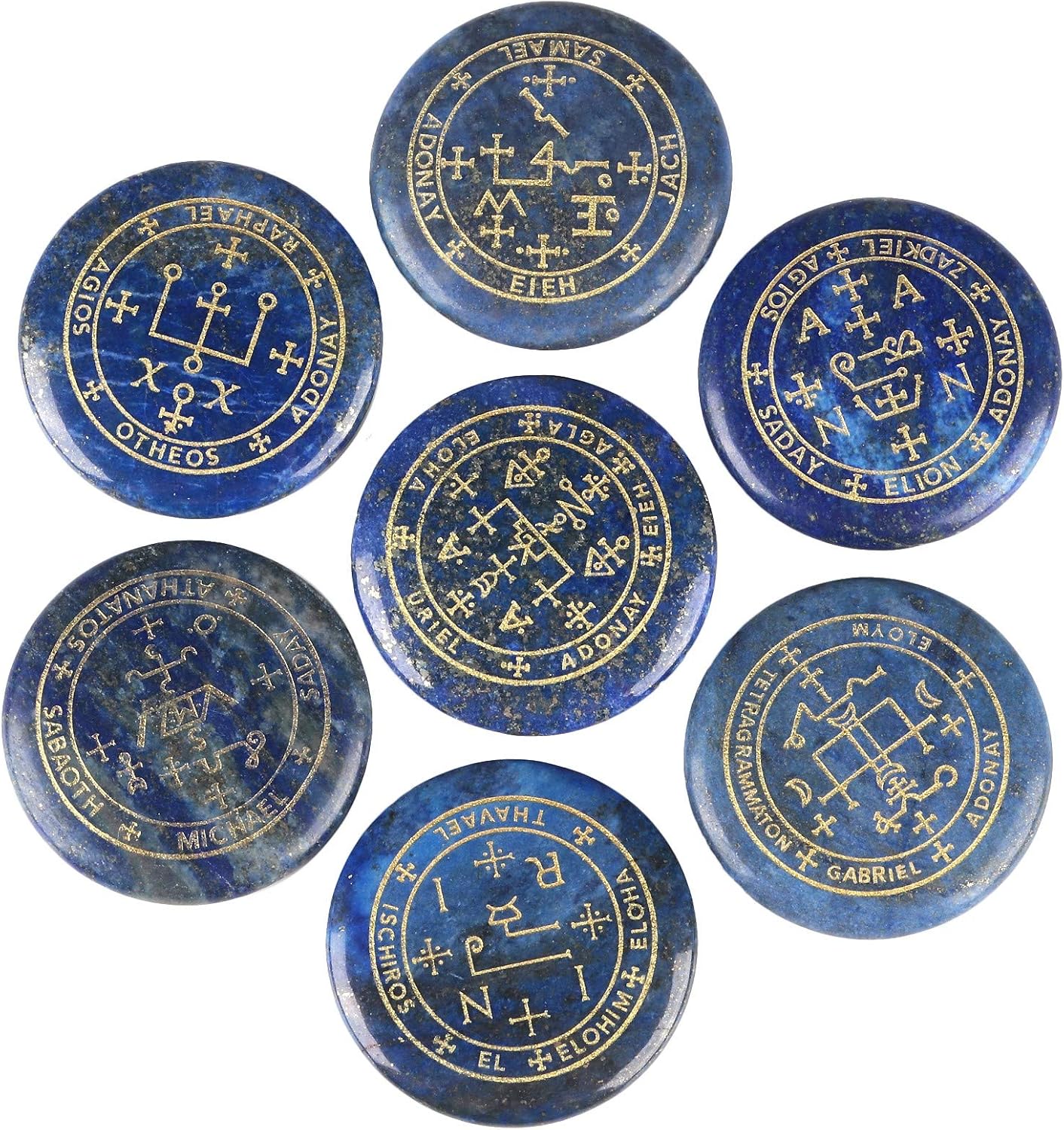 Indoor Fountains & Accessories - SUNYIK Round Engraved Archangels Gabriel Sigil Talisman Stone Set of 7, Pocket Worry Palm Stones for Healing Reiki Decoration Wicca Amulet, Laipis Lazuli