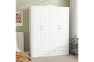 Mhsatyrs Modern Bedroom Armoire, 74" Large Wardrobe with 2 Drawers and 4 Doors, Wood Closet with Hanging Rod, White Grooved Doors (White, 63")