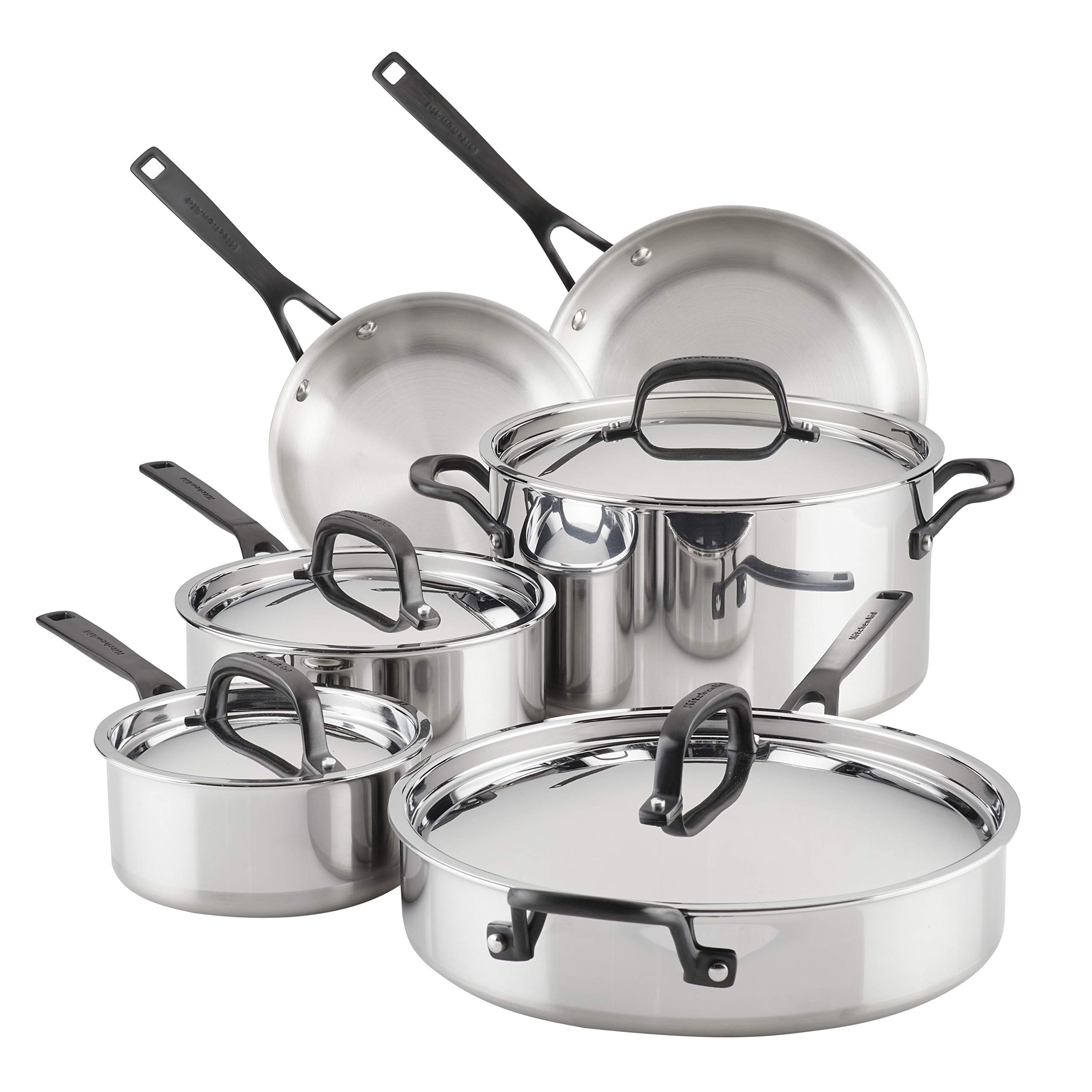 KitchenAid 5-Ply Clad Stainless Steel Cookware Pots and Pans Set, 10 Piece, Polished Stainless