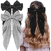 Ninejuize 2Pcs Glitter Hair Big Bows for Women Sequin Hair Bows Clips Sparkly Bowknot Style Barrettes Long Tail Hair Accessories