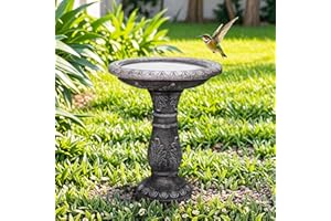 SunJet 24.4” H x 20” Dia Outdoor Birdbath with Intricate Floral Carvings Pedestal - Fibre Reinforced Concrete Birdbaths, Vint