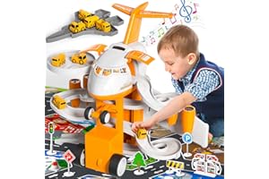 iHaHa Airplane Toys for Boys 2+, Plane Toys for Kids 3-5, Garage Parking Lot Playset with 14 Road Signs 4 Construction Vehicles 1 Map, Toddler Boy Toys Preschool Birthday Gift for 3 4 5 6 Years Old