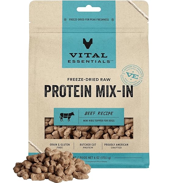 VITAL ESSENTIALS FREEZE DRIED RAW PROTEIN MIX-IN DOG FOOD TOPPER, BEEF MINI NIBS TOPPER FOR DOGS, 6 OZ