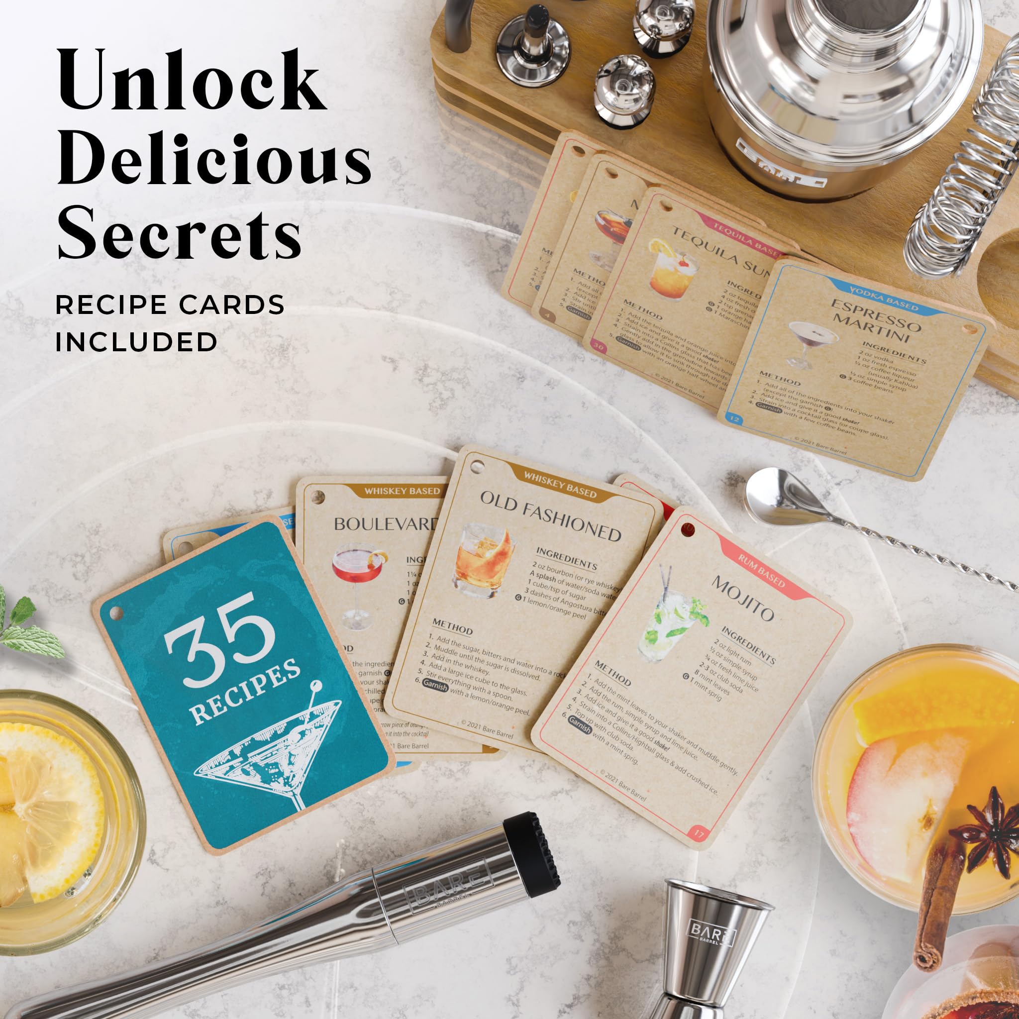 BARE BARREL® Mixology Bartender Kit Bar Set | 14-Piece Cocktail Shaker Set | Martini Barware Mixing Tools for Home Bartending | 35 Recipe Cards | Gift Set (24oz Cobbler Shaker, Silver/Natural)