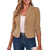 Traleubie Women's Cropped Blazers 3/4 Ruched Sleeve Lightweight Office Wear Short Blazer with Button, S-XL