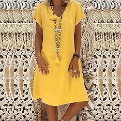 Women's Summer Cotton Linen Dress Loose V-Neck