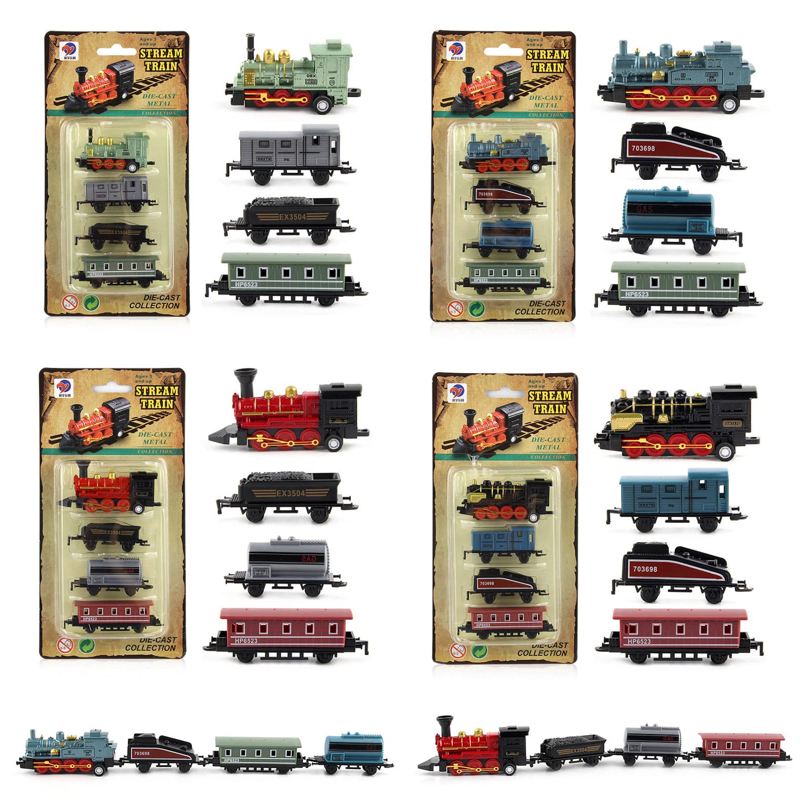 Bekecidi 4 Sets Mini Simulated Retro Steam Train, 16 Pcs Children's Pull back Car, Child Toy Gift Set Train Model Toy Decoration for Boys and Girls