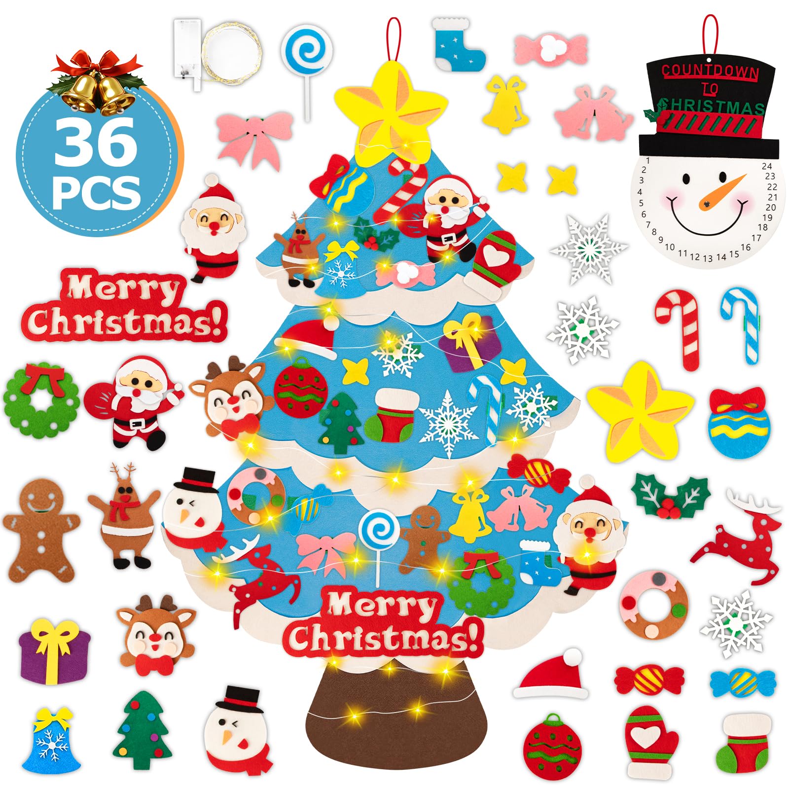 Lanpn Felt Christmas Tree Set with Christmas Snowman 3.3ft DIY Felt Christmas Tree for Children with 36 Pieces Removable Ornaments Hanging Decoration for Toddlers Christmas Home Door Wall Decoration