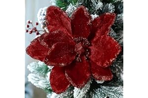 Thiccywoov 8 Pcs Large Christmas Flower Magnolia Flowers Christmas Tree Decoration Artificial Poinsettia Stems Velvet Xmas Ornaments for Xmas Tree Table Decor(Burgundy,12 Inch)