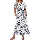 AUSELILY Womens Summer Dresses 2025 Short Sleeve Maxi Dress Crewneck Casual Sundresses with Pockets