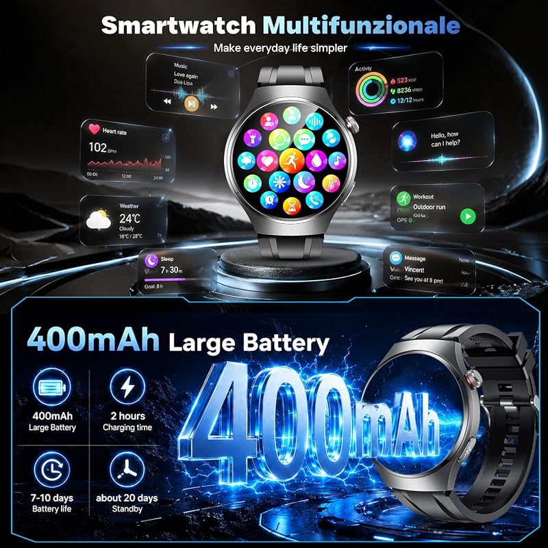 Montre Connectée Homme ECG+HRV Smartwatch: 1.43" AMOLED Montre Intelligente Homme avec Fréquence Cardiaque Tension Arterielle SpO2 Sommeil Température Corporelle Appel Bluetooth pour iOS et Android — photo 7 sur 7
