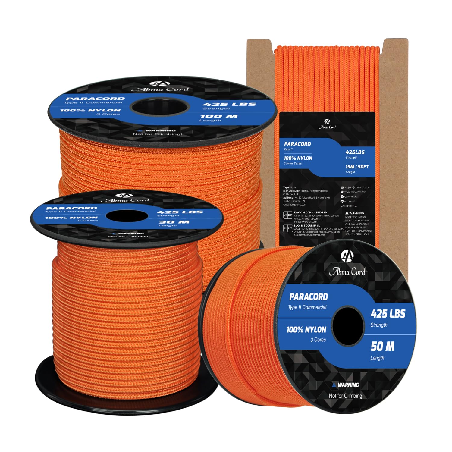 Abma Cord Paracord 3mm 100m 100% Nylon Rope Type II 3 Strands Parachute Cord - Max. 192kg (425lbs) - Orange