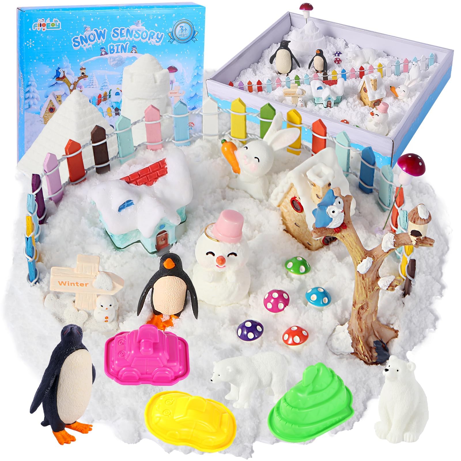 FIIOEOY Snow Sensory Bin Play Sand Art Kit with Arctic Animal Figures, Winter Wonderland Magic Sand Toy for Toddler Ages 3 4 5 6 7 8
