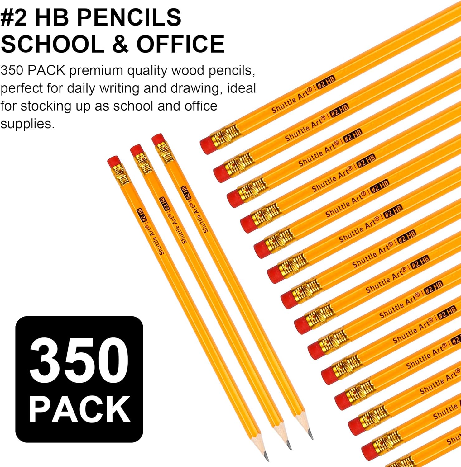 Shuttle Art Wood-Cased #2 HB Pencils, 350 Pack Sharpened Yellow Pencils with Erasers - Image 3
