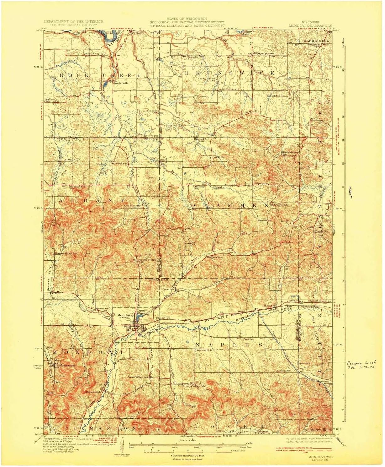 YellowMaps Mondovi WI topo map, 1:62500 Scale, 15 X 15 Minute, Historical, 1932, 20.38 x 16.83 in