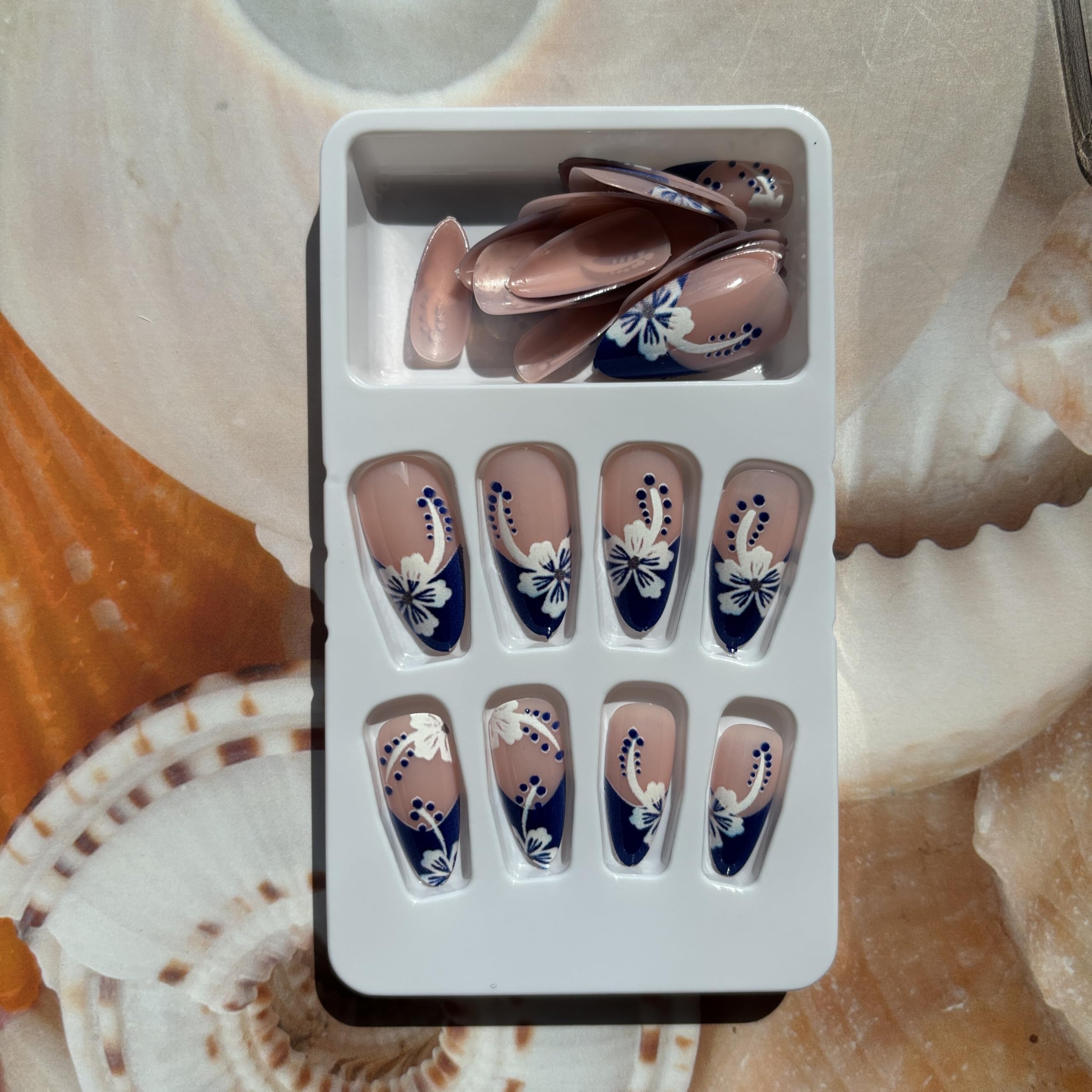 French Tip Press on Nails Nude Pink Fake Nails Almond False Nails with White Flowers Designs Blue Tip Glue on Nails Spring Summer Stick on Nails Full Cover Acrylic Nails Cute Artificial Nails - Image 3