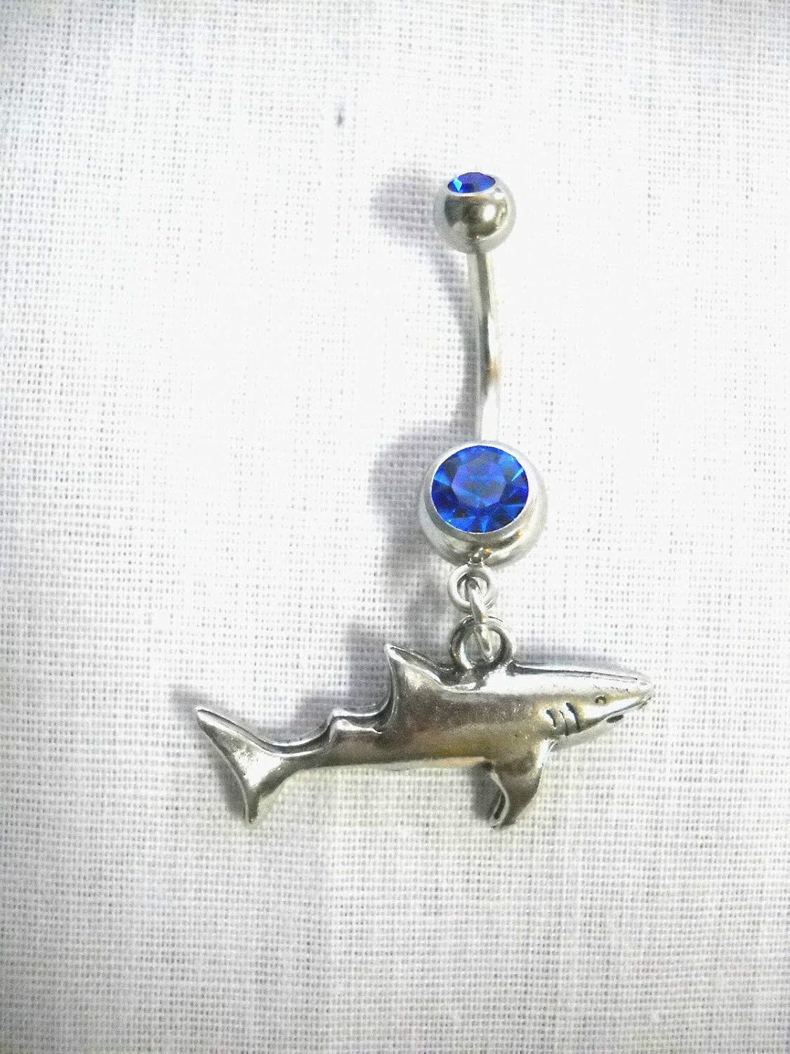 New Full Body Side View Great White Shark ON 14g Cobalt Blue GEM Belly Ring