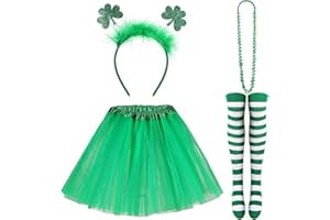 Syhood 4 Pcs St. Patrick's Day Costume Accessories Set for Women Green Tutu Skirt Shamrock Headband Necklaces Striped Socks Saint Patrick's Day Outfits Suit Irish Decorations Party Supplies for Girls